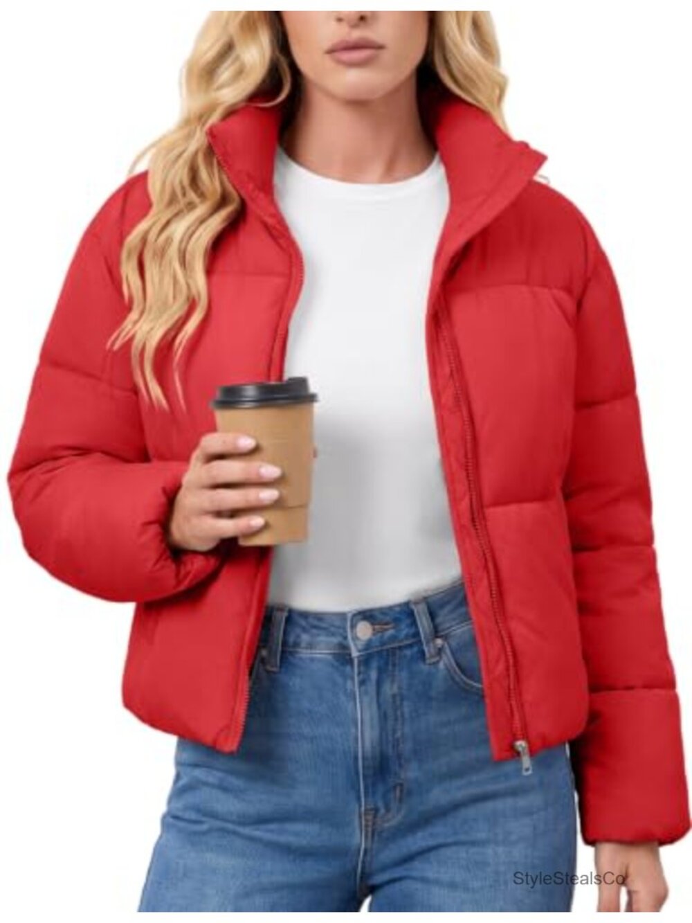 ASPO Women's Cropped Quilted Puffer Jacket Stand Collar Zip Winter Coat